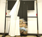 Used Black Tomesode Kimono     Artist Design  River   Floral  Gold  Stains