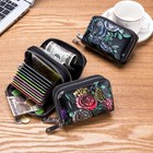 Black Foral Women Zipper Wallet Genuine Leather Credit Card Holder Purse Pocket