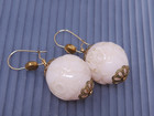 Vintage Chinese Carved Bead White Lucite Dangle Pierced Gp Earrings
