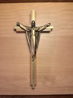 Vintage Jesus Christ Metal Inlay Wooden Cross With Risen Arms Wall Hang Ready