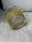Vintage Glass Ice Bucket Gold Tone Fleur De Lis Ring Handles Barware 6 Inch