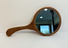 Vintage Wood Handheld Large Mirror Curved Handle 13 1 4    X 7 1 2    Unique Rare
