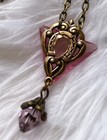 Vintage Necklace Art Nouveau Brass Pendant Antique Pink Czech Glass Drop