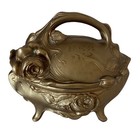 Antique Art Nouveau Rose Floral Monogrammed Gold Metal Footed Jewelry Box 4300