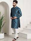 Men Kurta Set - Teal Blue   White Bridal Groomsmen Wedding Kurta With Churidar