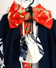 Black Cotton Japanese Kimono Yukata W bamboo Design  Bow  Sash  Purse  Sandals  