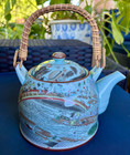 Vintage Chinese Teapot With Hand Painted Village Scene  Porcelain  Bamboo Handle