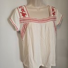White Embroidered Mexican Style Peasant Blouse Top S Boho Flowy Square Neck