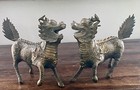 Antique Qing Chinese Bronze Dragon Kylin Kirin Kilin Chi-lin Guardians Pair