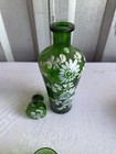 Vintage Green Glass Liquor Decanter With 8 Shot Glasses Retro Nature Scene