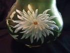 Vintage Antique Green Frosted Glass Vase With Enamel Flowers Gold Accents