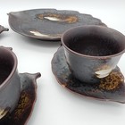 Vintage Ceramic Japanese Sake Teacup Set Saucers Cups Tray Leaf Shape Handmade