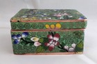 Vintage Chinese Cloisonne Green Floral Enameled Trinket Box W  Hinged Lid