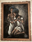 Vintage Framed Folk Art Painting     Man   Woman In Chains     Carved Wood Frame