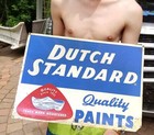 Vintage Dutch Standard Paint Metal Sign 2 Sided With Shoe Graphic 