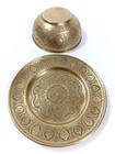 Antique Persian Brass Bowl   Plate Set     Hand-etched Islamic Floral Motifs