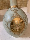 Antique Vintage Mcm Vase Decanter Art Glass W  Gold Overlay And Scrollwork