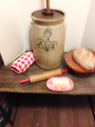 19th Century 5 Gallon Salt   Slip Glazed Butter Churn W cobalt Pattern   Dasher