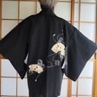 Vintage Japanese Haori Jacket Black Chirimen Silk Jigami Fan Gold Detail Kimono