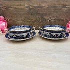 2 Sets Of Booths Real Old Willow Round Soup Bowls   Saucers England A8025 Gold