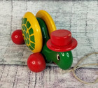 Kouvalias Wooden Pull Toy Made In Greece - Red Top Hat Turtle - Vintage Rare