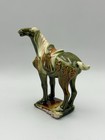 Chinese Tang Dynasty Style War Horse Ceramic Figurine 5  Vintage Green Yellow