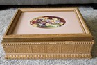 Vtg Jewelry Dresser Box Glass Top floral mirrored  Gold Base