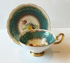 Taylor   Kent Tea Cup   Saucer Yellow Purple Floral Turquoise Gold Scallop Edge