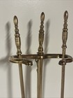 Vtg Brass cast Iron Fireplace 4 Piece Tool Set W stand Shovel Brush Poker