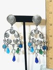 Vtg Sea Glass  Blues green   White snail Shell Design Dangling Earrings 4 5lx2w 