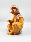 Vintage Japanese Hakata Clay Old Man Sitting Holding A Bird Figurine 7 