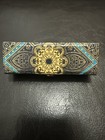 Vintage Made In Italy Blue   Gold Lipstick Holder Case With Mirror Leather 1987