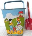 Vintage Chein Tin Litho Square Sand Pail Bucket Kids  Nursery Rhymes Old Toy 30s