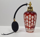Vintage Glass Perfume Bottle W  Atomizer Crystal Ruby Red Gold Art Deco Vanity