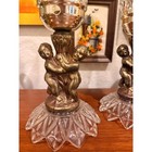Vintage Cherub Hurricane Candle Holders Brass  With Glass Shades  pair 