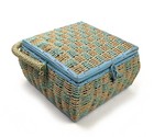 Vintage Sewing Basket Box Woven Wicker Turquoise Gold Japan Footed Handle