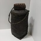Antique Japanese Handmade Woven   Wood Lidded Basket Handled 10  X 5 X 5