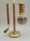 Beautiful Wet Shaving Set Wood   Brass Badger Bristle Brush  Brass Stand   Razor