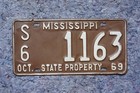 1969 Mississippi State Property License Plate   1163