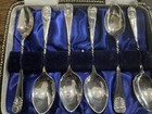 Antique Set 6 English Sterling Silver Goldwashed Demitasse Spoons Shell Pattern