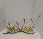 Mcm Swan Bird Brass Copper Wall Art Decor Cattails Wood Base Vintage Set Of 2 