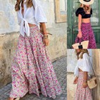 Womens Boho Floral Long Maxi Skirt Ladies High Waist Beach Holiday Swing Dress