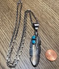 Turquoise Vintage Pendant  Chain Large Feather Silver Signed Tribal 3   long