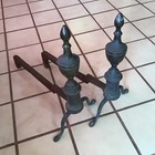 Antique 19th C 1800s Wrought Iron   Bronze Andirons Early American Fireplace