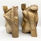 Vintage Hand Carved Wood Heads Pair Tribal Bookends Wall Decor 8 25    h  5 5    w 