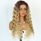 Brown Roots Blonde Ombre Hair Long Synthetic Deep Wave Lace Front Wigs Glueless