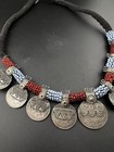 Vintage Tribal White-metal Coin Choker Necklace Glass Beads Hmong Ethnic Boho