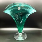 Blenko Art Glass Turquoise Green Fan Vase Handmade Mid Century 1960s Excellent 