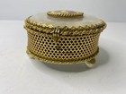 Gold Tone Jewelry Trinket Box Hinged Lid Courting Scene Mirror Vintage Read