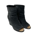 Chanel Vintage Cc Logo Short Boots  37 5 Suede Black Cream Open Toe Wedge Sole